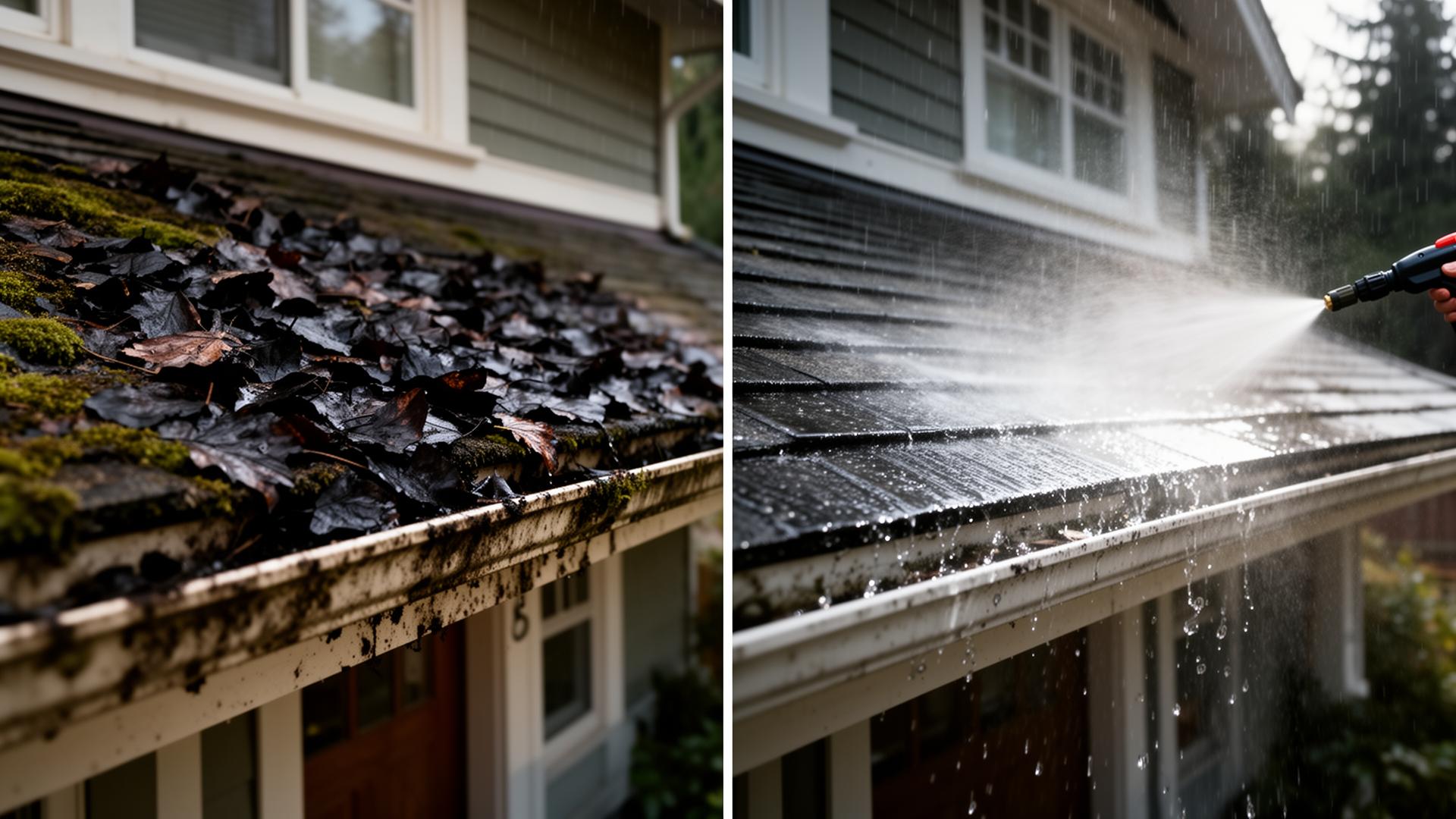 Before and after of a Vancouver home gutter being cleaned
